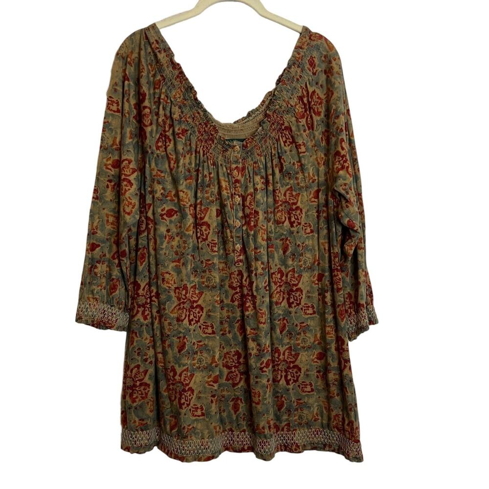 Lauren Ralph Lauren 2X Floral Peasant Blouse Green Rust Smocked Cotton